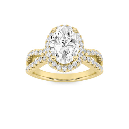 2Cttw Oval Shaped Lab Grown Diamond (F/VS) Split Shank Halo Accented Engagement Ring in 14K Gold