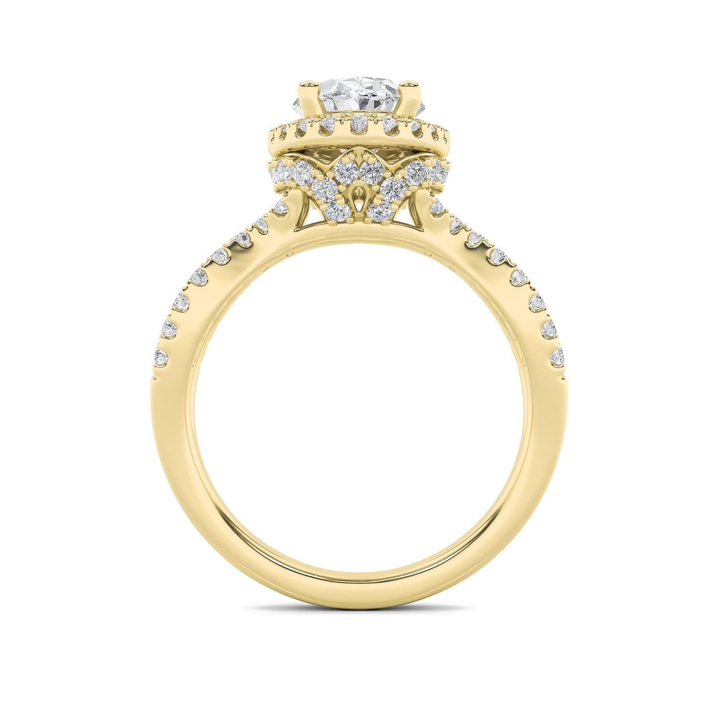 2Cttw Oval Shaped Lab Grown Diamond (F/VS) Split Shank Halo Accented Engagement Ring in 14K Gold