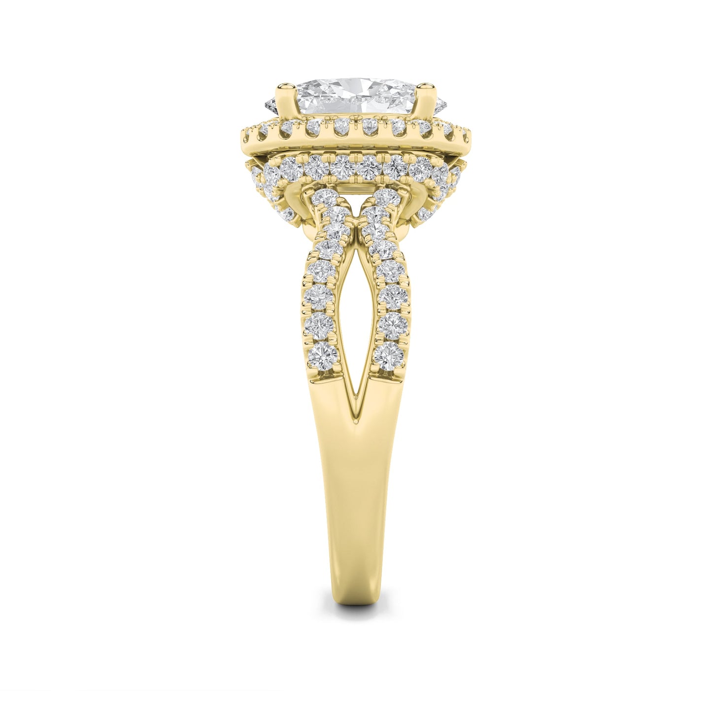 2Cttw Oval Shaped Lab Grown Diamond (F/VS) Split Shank Halo Accented Engagement Ring in 14K Gold