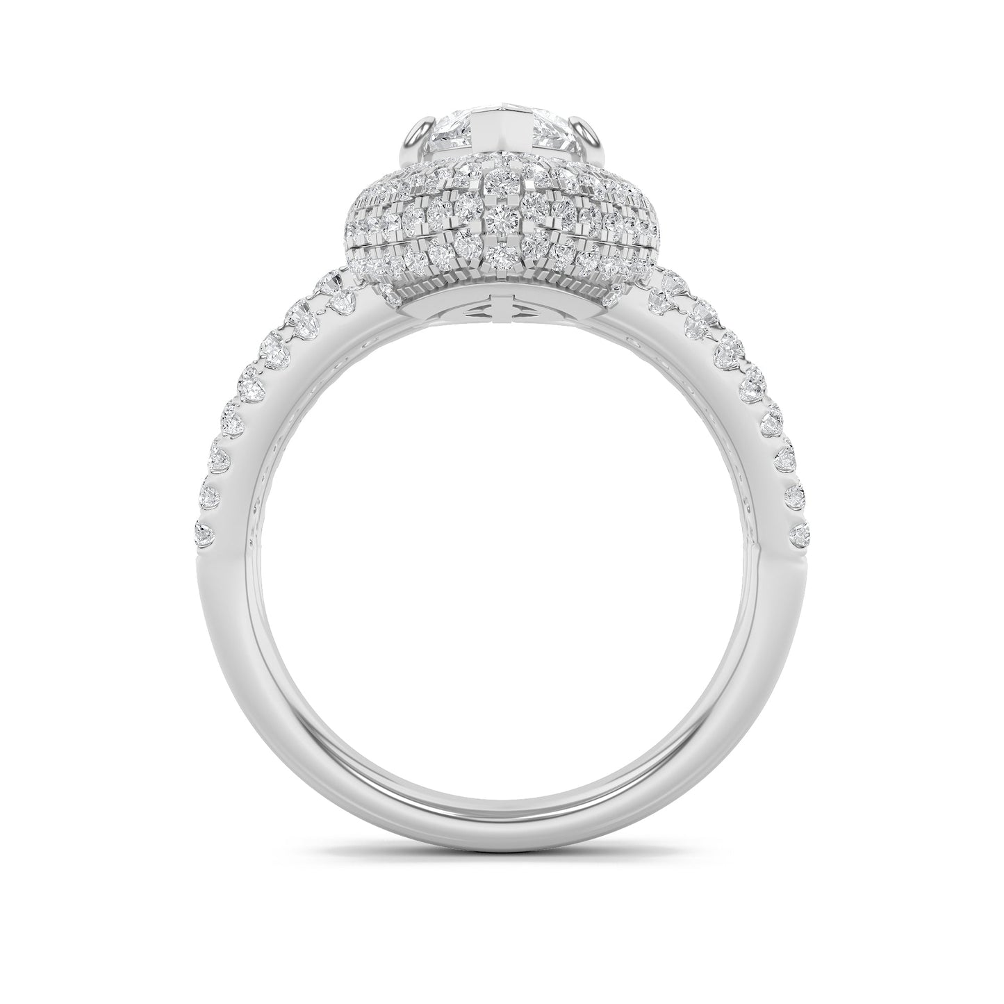 3Cttw Marquise Shaped Lab Grown Diamond (F/VS) Three Row Accented Halo Engagement Ring in 14K Gold