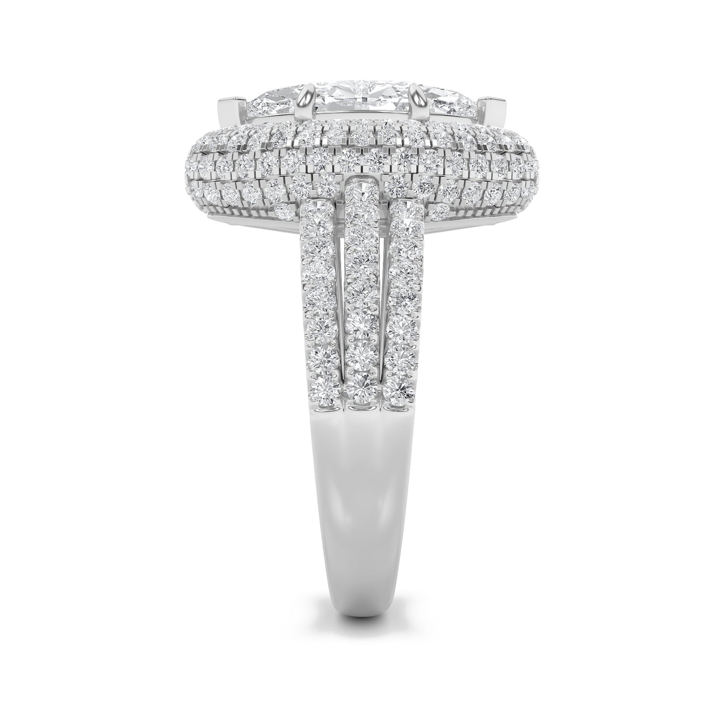 3Cttw Marquise Shaped Lab Grown Diamond (F/VS) Three Row Accented Halo Engagement Ring in 14K Gold
