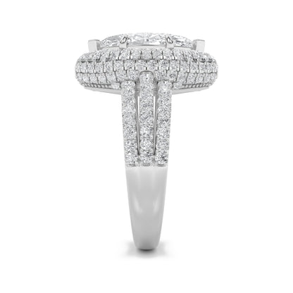 3Cttw Marquise Shaped Lab Grown Diamond (F/VS) Three Row Accented Halo Engagement Ring in 14K Gold