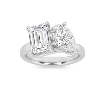 3Cttw Emerald Shaped Lab Grown Diamond (F/VS) Toi et Moi Engagement Ring in 14K Gold