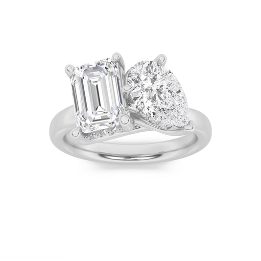 3Cttw Emerald Shaped Lab Grown Diamond (F/VS) Toi et Moi Engagement Ring in 14K Gold