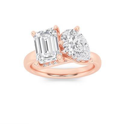 3Cttw Emerald Shaped Lab Grown Diamond (F/VS) Toi et Moi Engagement Ring in 14K Gold