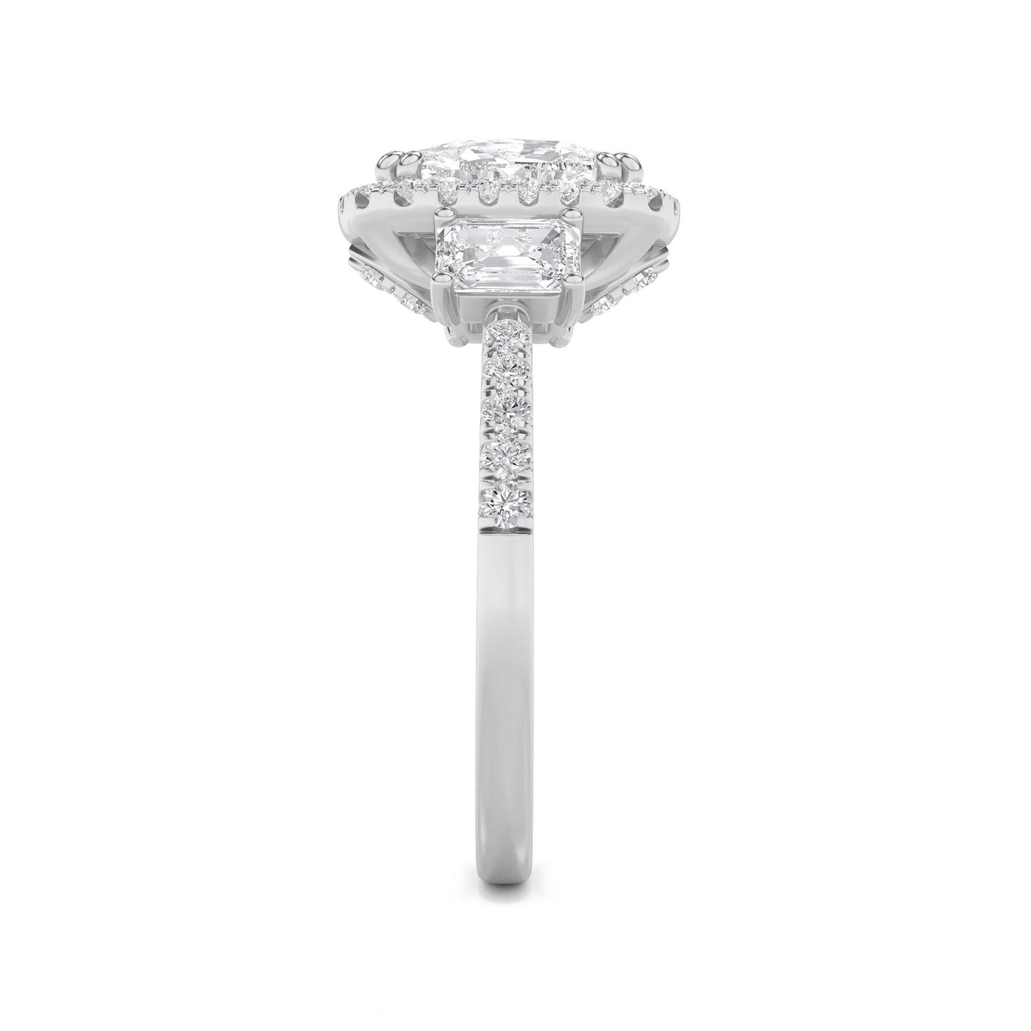 3Cttw Elongated Cushion Shaped Lab Grown Diamond (F/VS) Accented Three Stone Ring in 14K Gold