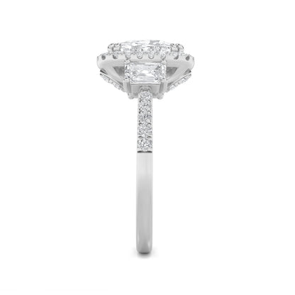 3Cttw Elongated Cushion Shaped Lab Grown Diamond (F/VS) Accented Three Stone Ring in 14K Gold