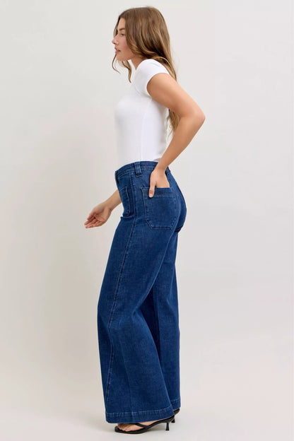 Judy Blue High-Waisted Retro Wide Jeans with Patch Pkts & Twisted Seams