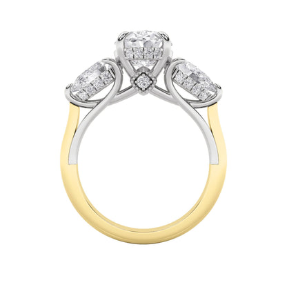4Cttw Oval Shaped Lab Grown Diamond (F/VS) Accented Three Stone Ring in 14K Gold