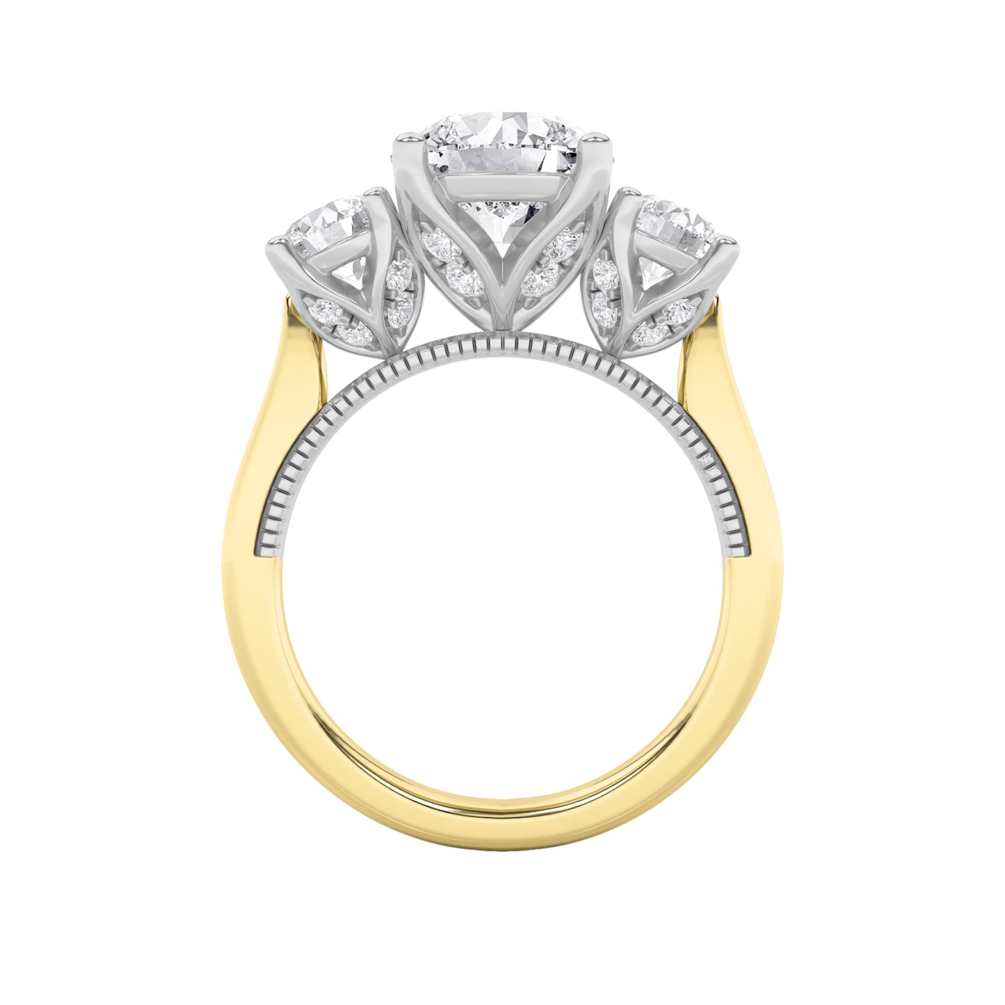 4Cttw Round Shaped Lab Grown Diamond (F/VS) Accented Three Stone Ring in 14K Gold