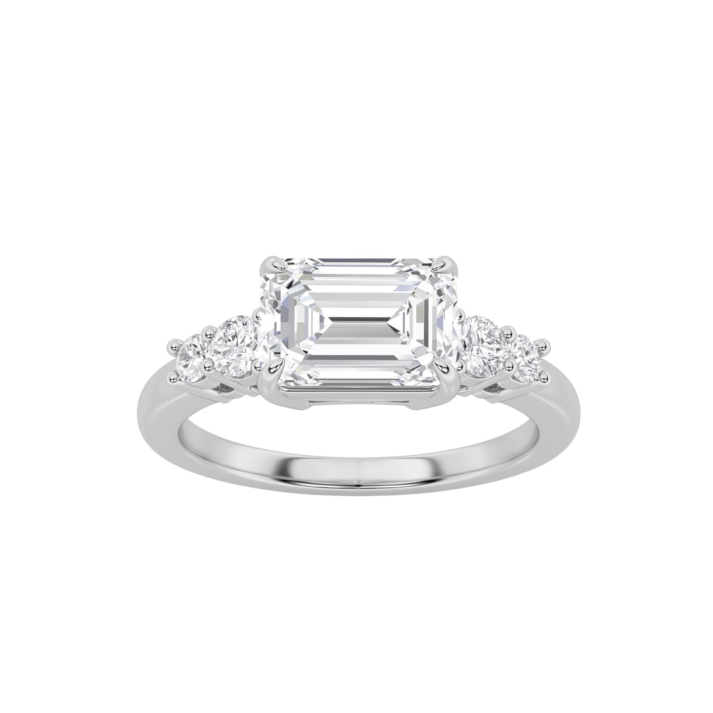 1.5Cttw Emerald Shaped Lab Grown Diamond (F/VS) East West Accented Three Stone Ring in 14K Gold