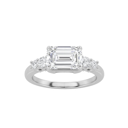 1.5Cttw Emerald Shaped Lab Grown Diamond (F/VS) East West Accented Three Stone Ring in 14K Gold