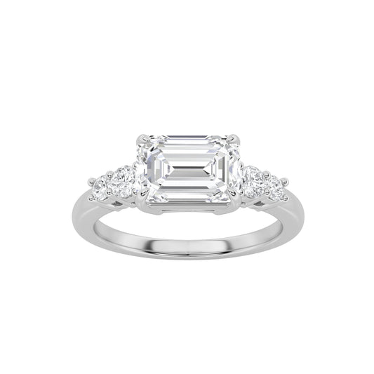 1.5Cttw Emerald Shaped Lab Grown Diamond (F/VS) East West Accented Three Stone Ring in 14K Gold