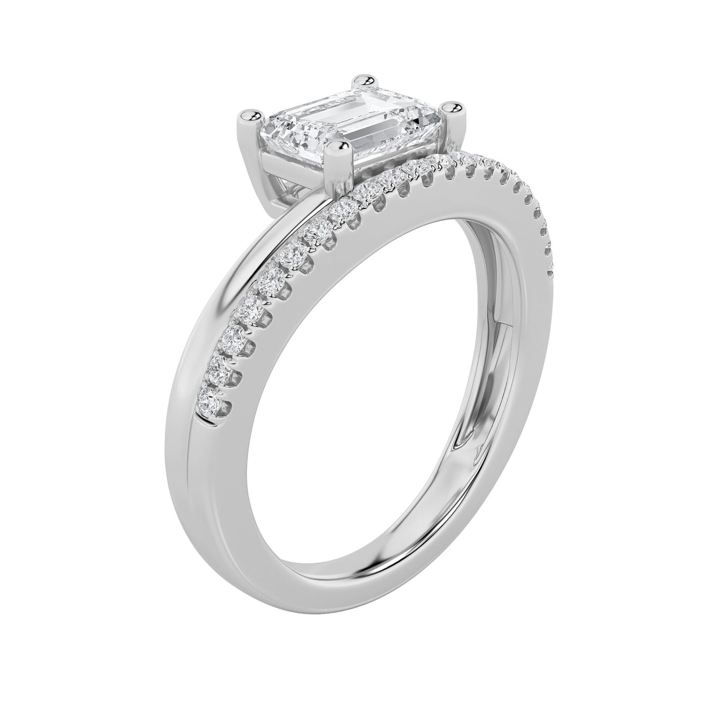 1.5Cttw Emerald Shaped Lab Grown Diamond (F/VS) East West Accented Solitaire Ring in 14K Gold