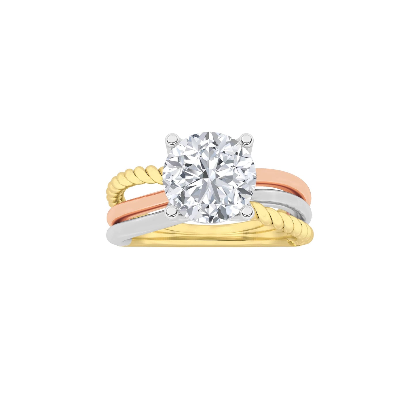 2Cttw Round Shaped Lab Grown Diamond (F/VS) Tri Color Solitaire Fancy Ring in 14K Gold