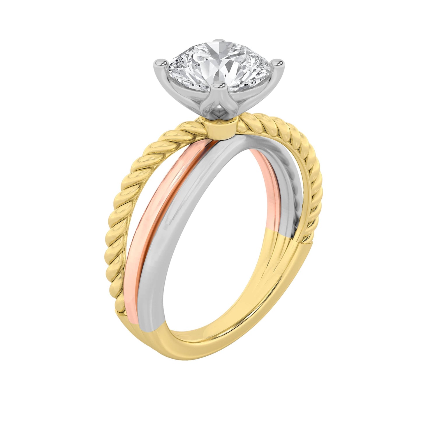 2Cttw Round Shaped Lab Grown Diamond (F/VS) Tri Color Solitaire Fancy Ring in 14K Gold