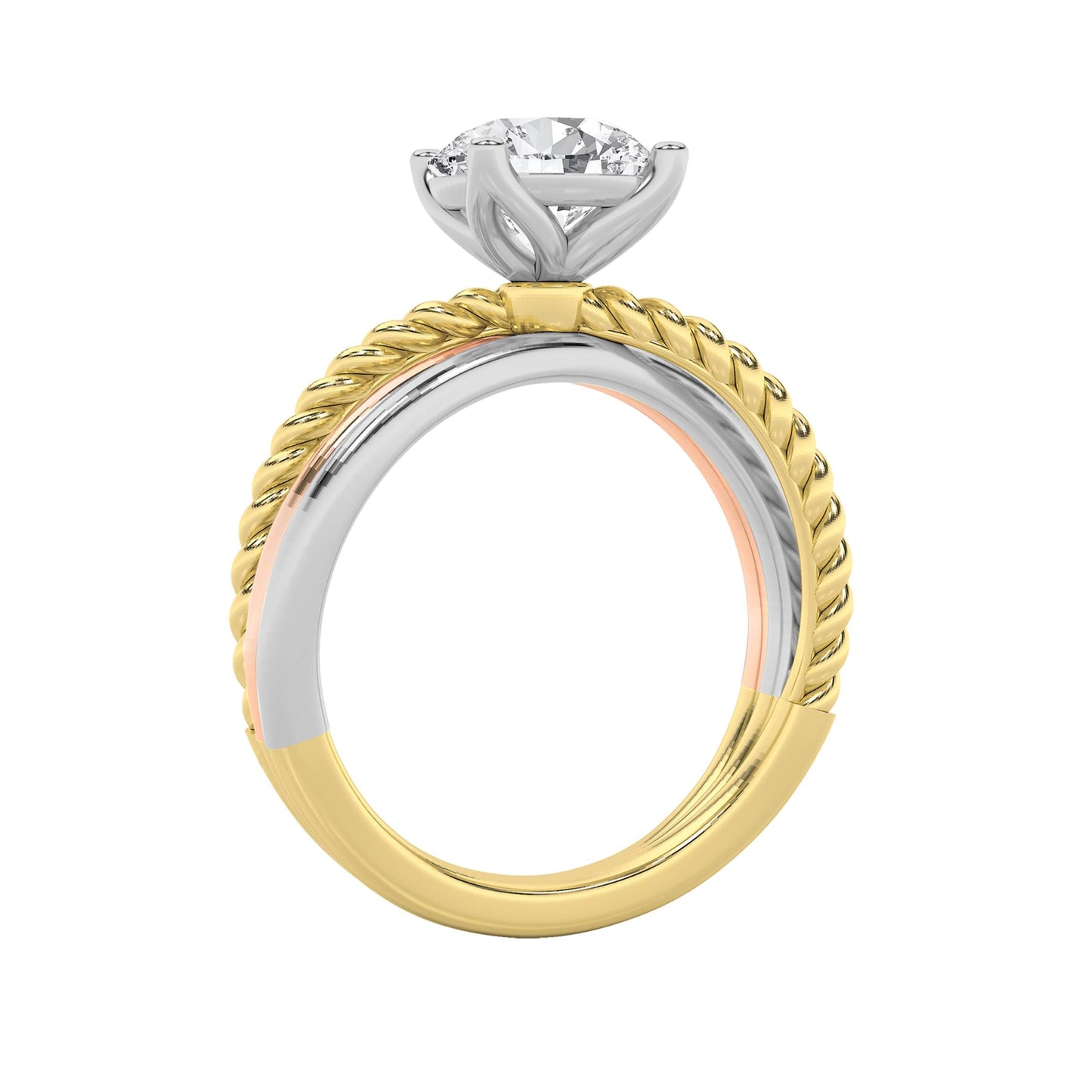 2Cttw Round Shaped Lab Grown Diamond (F/VS) Tri Color Solitaire Fancy Ring in 14K Gold