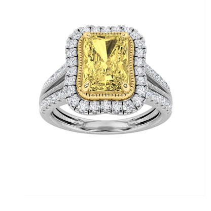 2.5Cttw Radiant Shaped Fancy Yellow Lab Grown Diamond (F/VS) Split Shank Engagement Halo Ring in 14K Gold