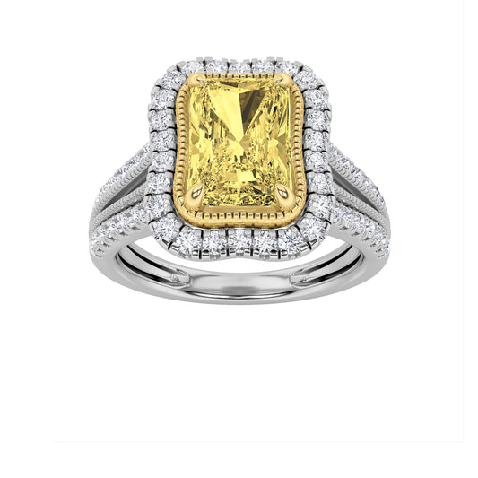 2.5Cttw Radiant Shaped Fancy Yellow Lab Grown Diamond (F/VS) Split Shank Engagement Halo Ring in 14K Gold