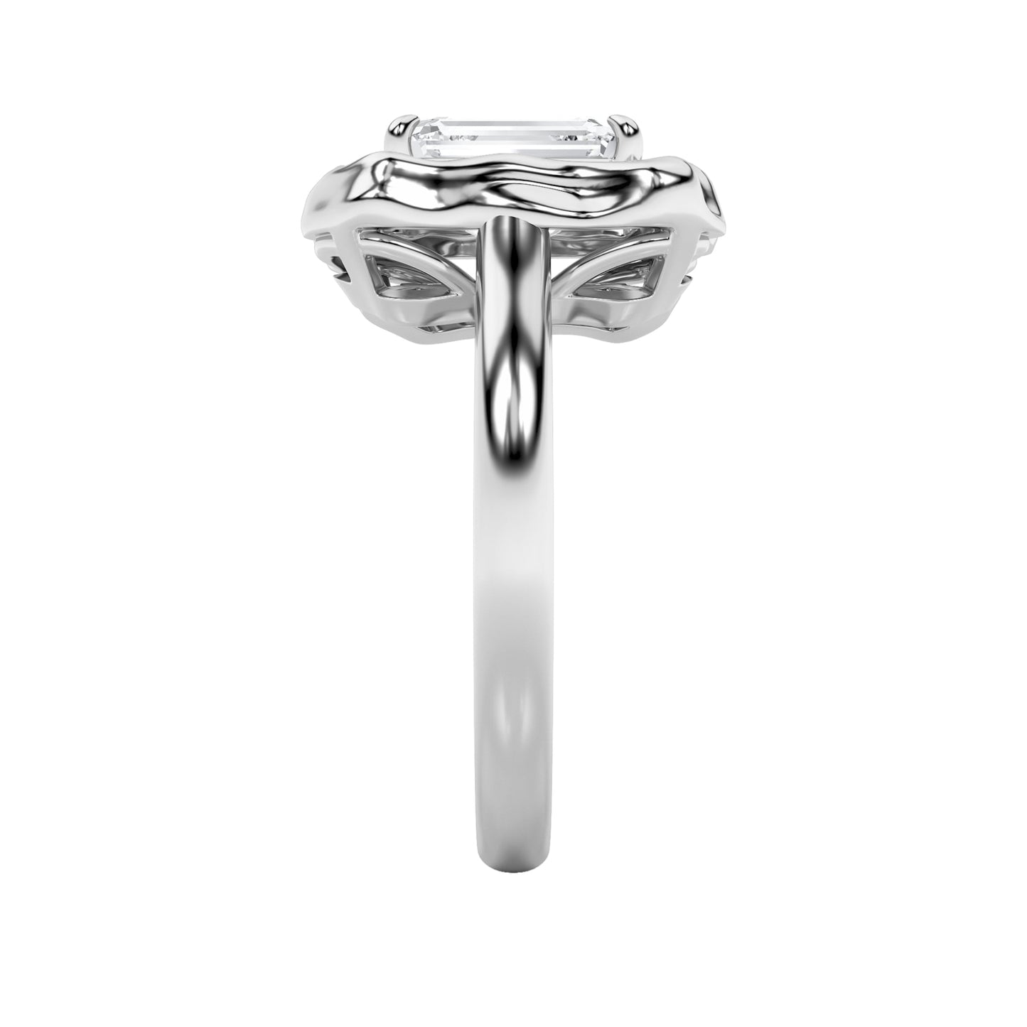 1.5Cttw Emerald Shaped Lab Grown Diamond (F/VS) Organic Design Solitaire Ring in 14K Gold