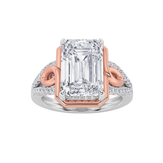 4.25Cttw Emerald Shaped Lab Grown Diamond (F/VS) Bold Accented Two Tone Engagement Ring in 14K Gold