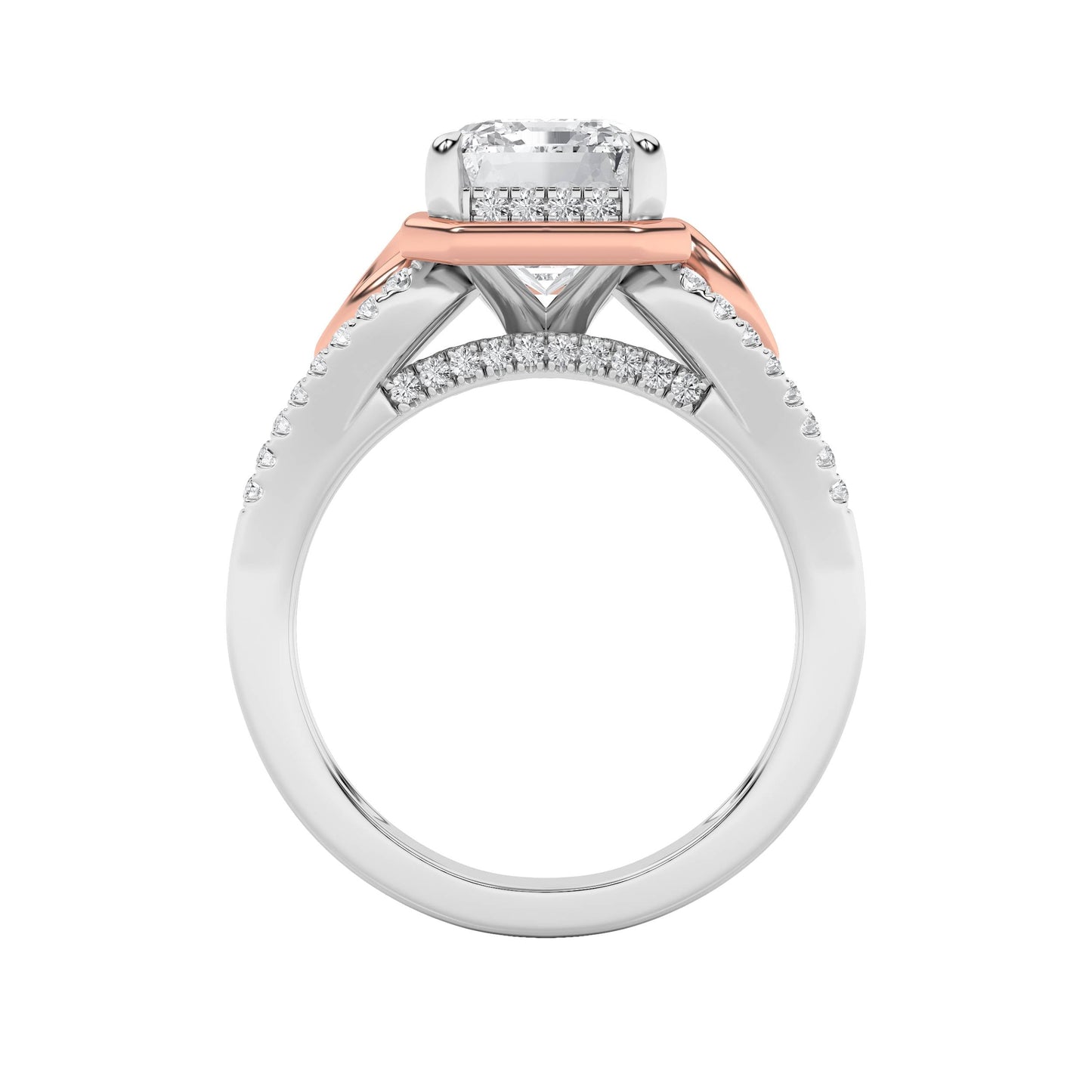 4.25Cttw Emerald Shaped Lab Grown Diamond (F/VS) Bold Accented Two Tone Engagement Ring in 14K Gold