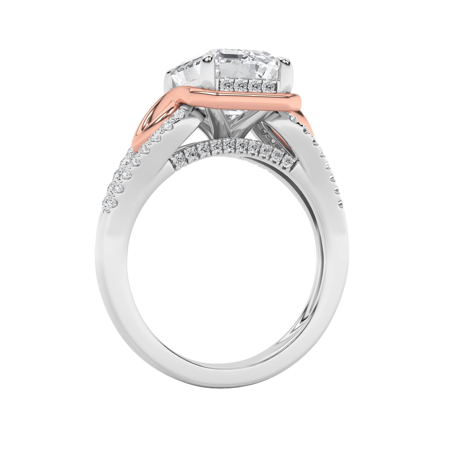 4.25Cttw Emerald Shaped Lab Grown Diamond (F/VS) Bold Accented Two Tone Engagement Ring in 14K Gold