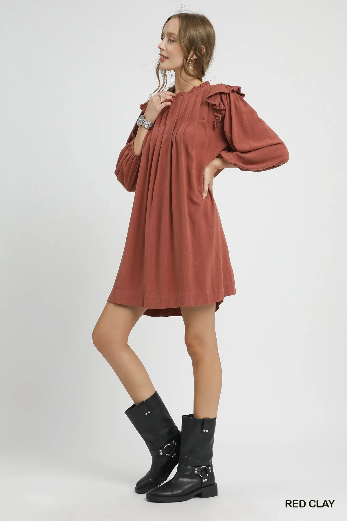 Umgee Linen Ruffle Shoulder Pleated Babydoll Dress