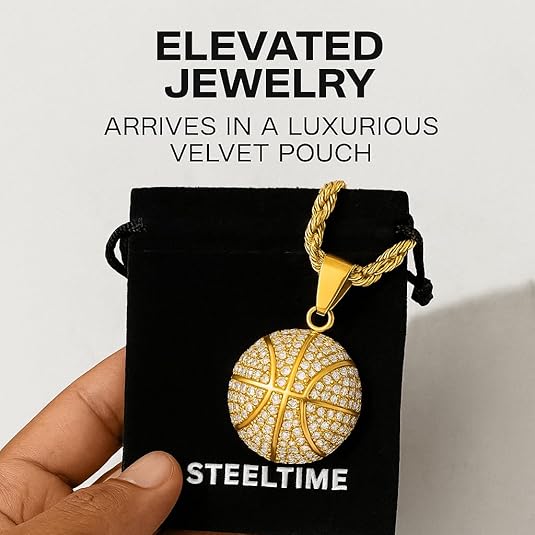 3D Basketball Necklace With Simulated Diamonds