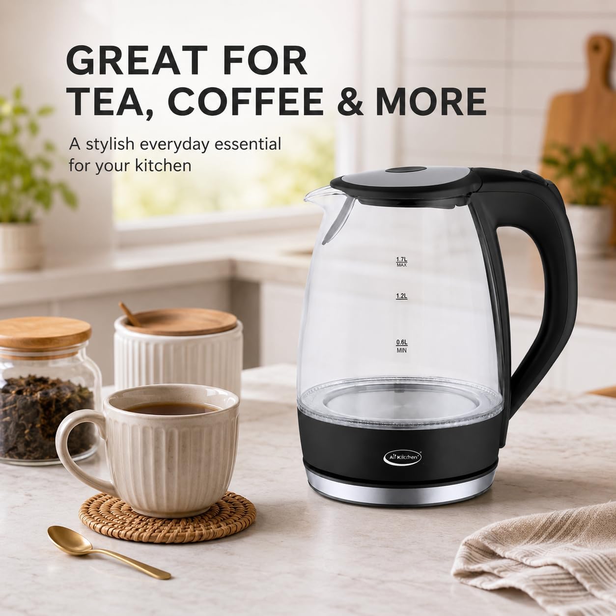 1.7L Glass Electric Kettle with Removable Lid & Boil-Dry Protection