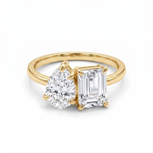 2.450 Cttw Octagon Morganite , Sapphire, Emerald and Lab Diamond 14K Yellow Gold Toi Et Moi Ring