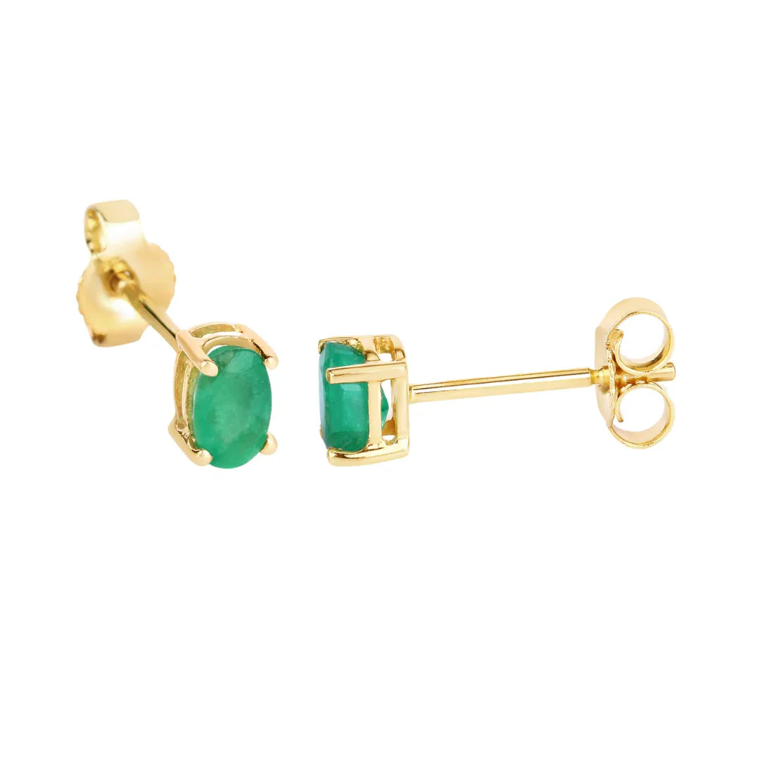 0.38 Ct Oval Green Zambian Emerald Prong 10K Gold Stud Earrings