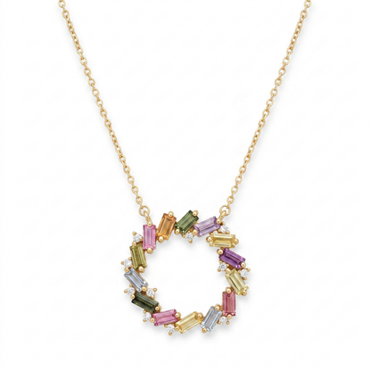 IGI Certified 1.71 Ct Multi Color Unheated Sapphire Diamond 14K Yellow Gold Circle Wreath Pendant Necklace