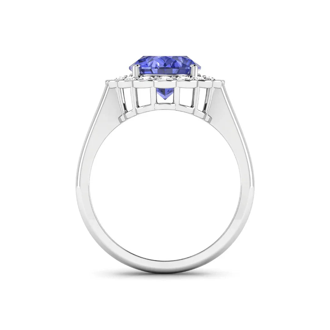 2.69 Ct Oval Violet Tanzanite and White Diamond Prong 14k Gold Halo Statement Floral Ring