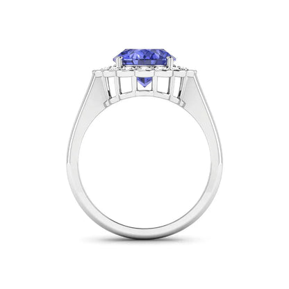 2.69 Ct Oval Violet Tanzanite and White Diamond Prong 14k Gold Halo Statement Floral Ring