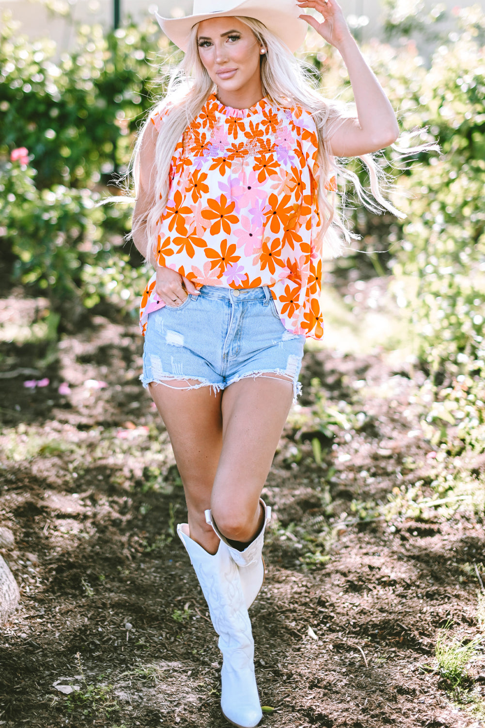 Threaded Pear Alison Ruffled Sleeve Smocked Floral Top