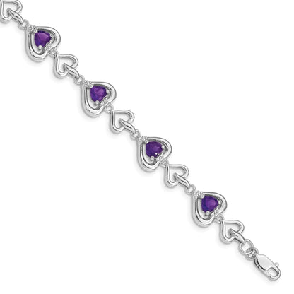Heart Purple Amethyst & Diamond Prong Sterling Silver Heart Link Bracelet