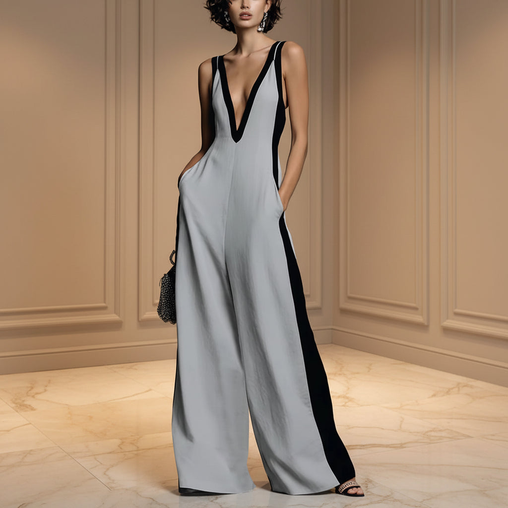 Women's Deep V-Neck Contrast Panel Wide-Leg Jumpsuit