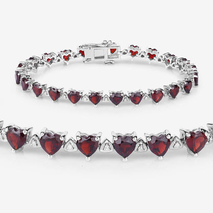 Heart Red Garnet Prong Sterling Silver Box Clasp Tennis Bracelet