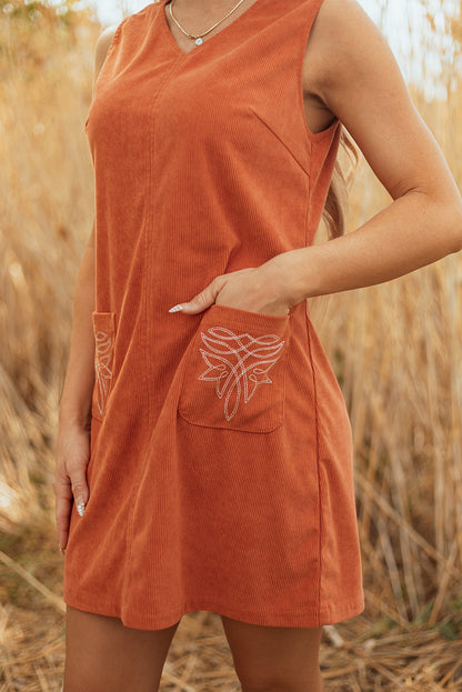 Threaded Pear Molly Corduroy Western Embroidered Patched Pocket Mini Dress