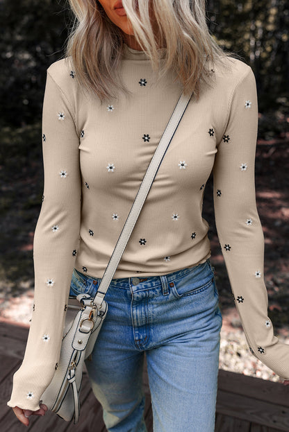 Threaded Pear Genesis Embroidered Detail Ribbed Long Sleeve Top