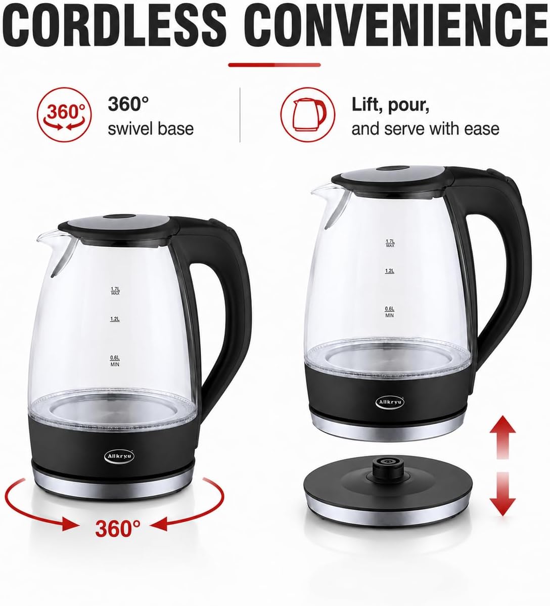1.7L Glass Electric Kettle with Removable Lid & Boil-Dry Protection