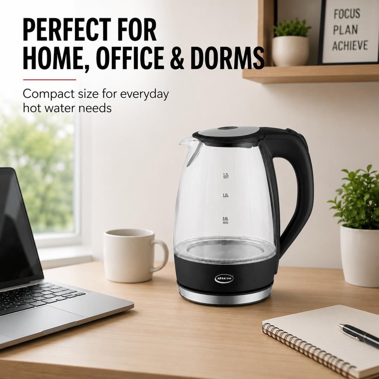 1.7L Glass Electric Kettle with Removable Lid & Boil-Dry Protection