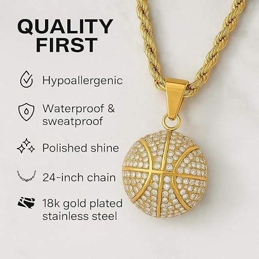 3D Basketball Necklace With Simulated Diamonds