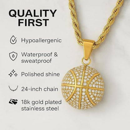 3D Basketball Necklace With Simulated Diamonds