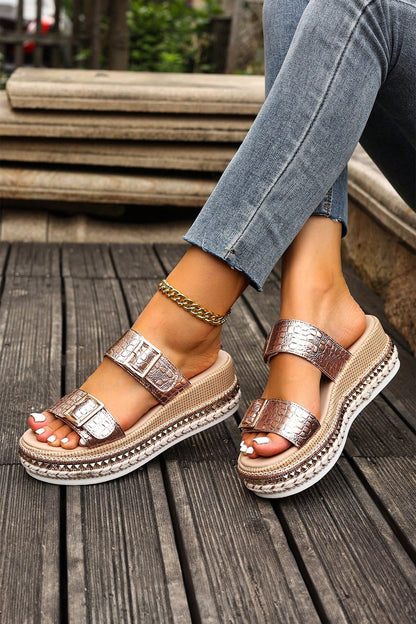 Threaded Pear Cattleya Buckle Wedge Platform Slippers