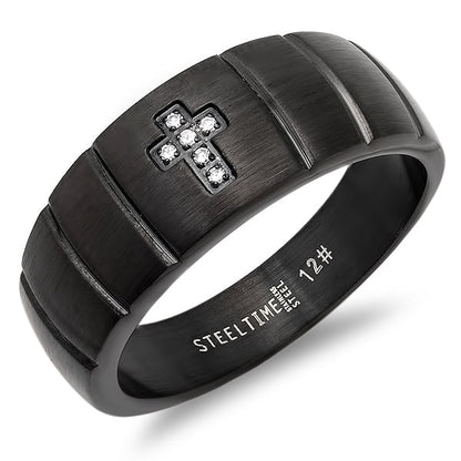 Black IP Stainless Steel And Simulated Diamond Cross Ring