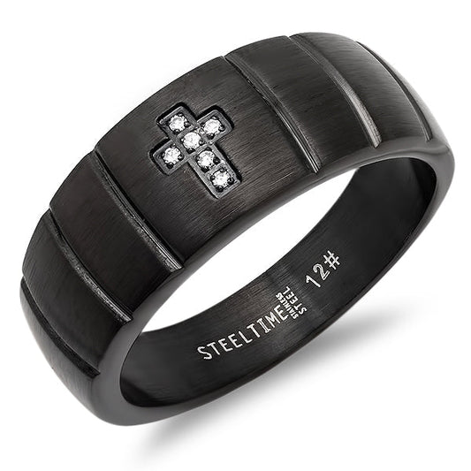 Black IP Stainless Steel And Simulated Diamond Cross Ring