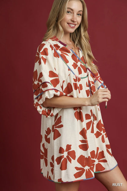 Umgee Two Tone Floral Tie-Neck Babydoll Dress