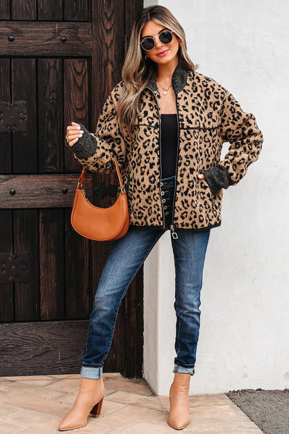 Threaded Pear Sloane Leopard Zip Up Pocket Jacket